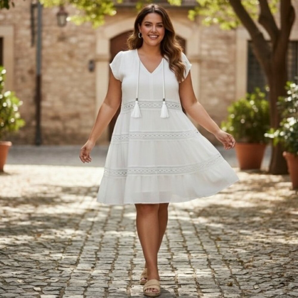 Kate & Sam White Gauzy Crochet Tassel Dress sz Large